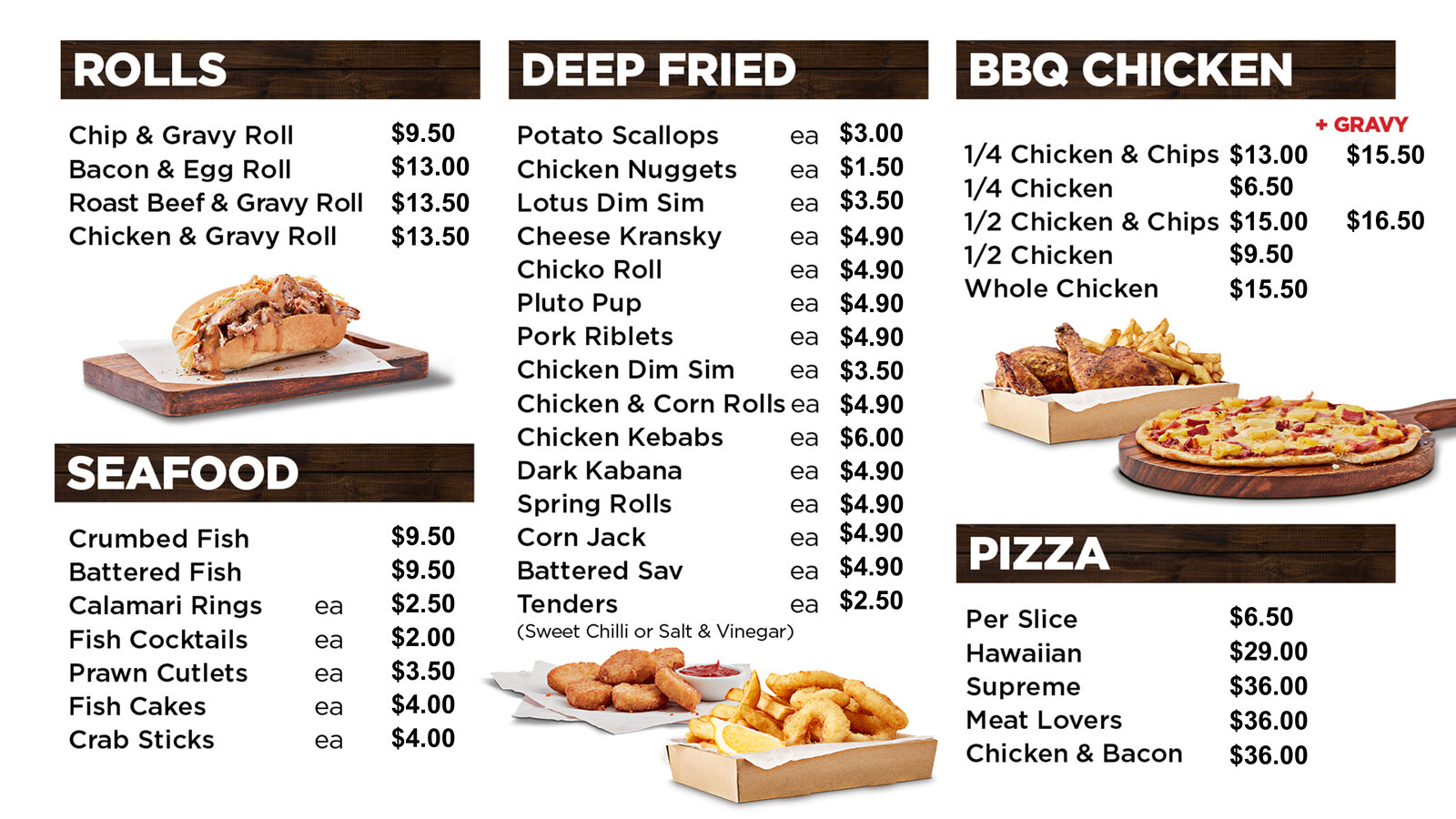 Menu board: rolls, seafood, deep fried, BBQ chicken and pizza