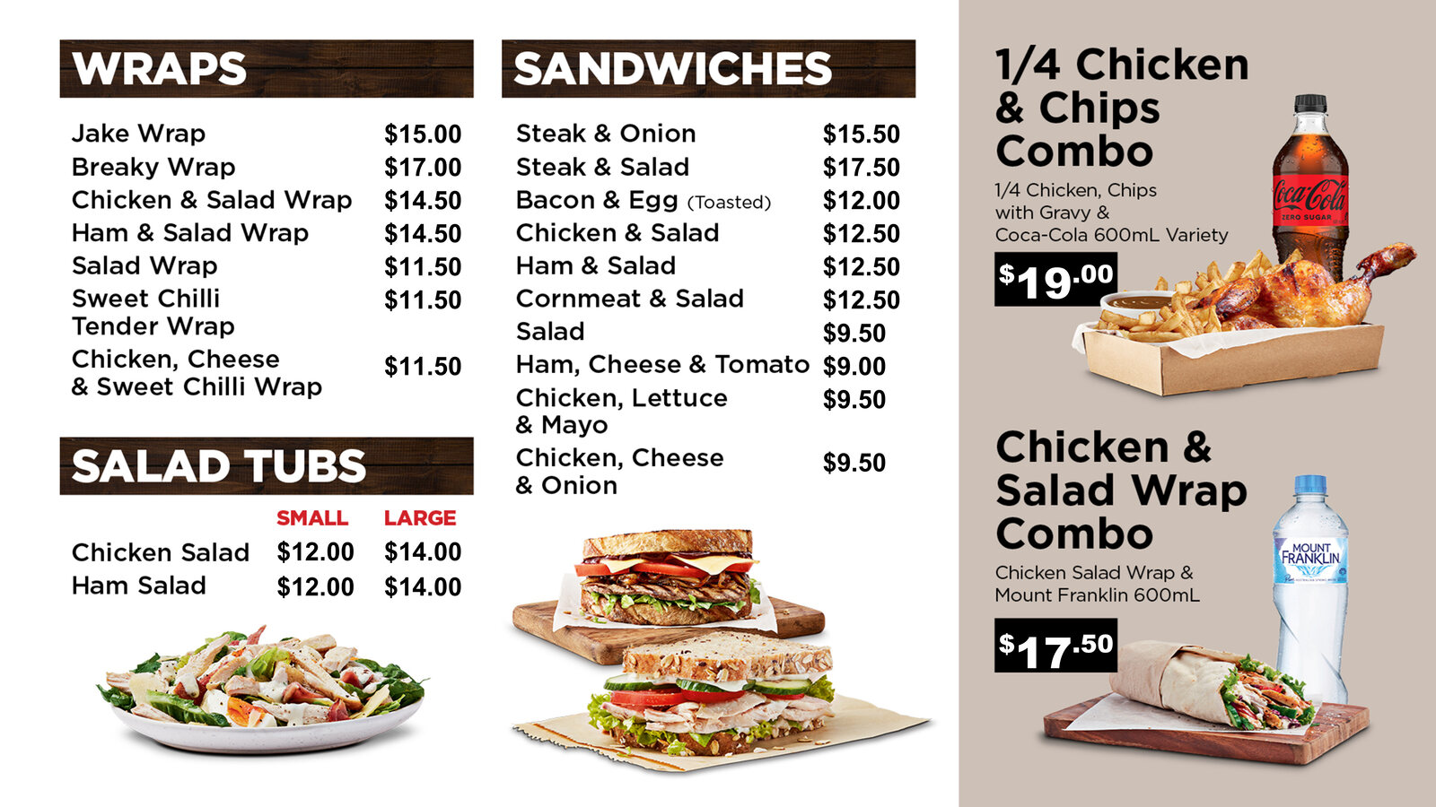 Menu board: wraps, sandwiches, salad tubs and combos